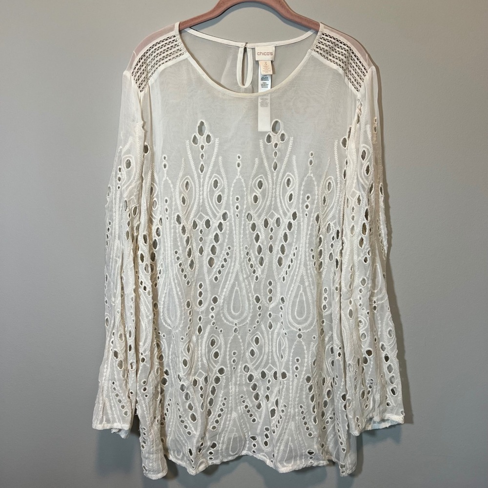 Chicos White Eyelet Embroidered Tunic Blouse Boho Fairy XL Size 3